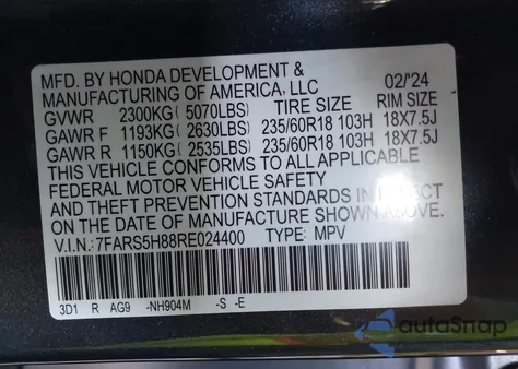 2024 Honda Cr-V Hybrid Sport-L from USA, damaged, VIN 7FARS5H88RE024400